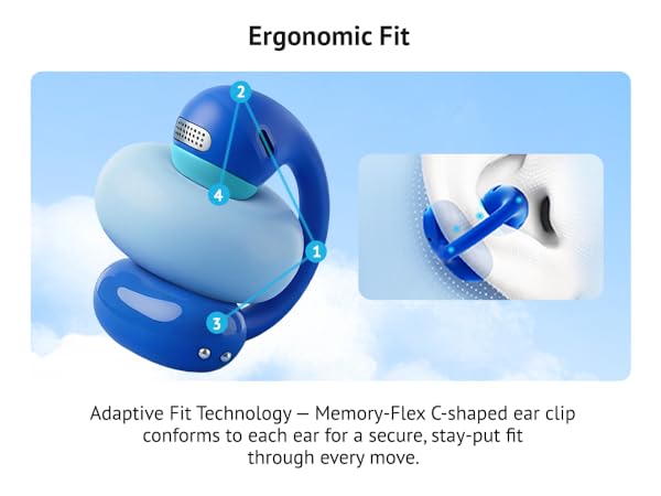 Memory-Flex C-shaped ear clip conforms to each ear for a secure, stay-put fit through every move