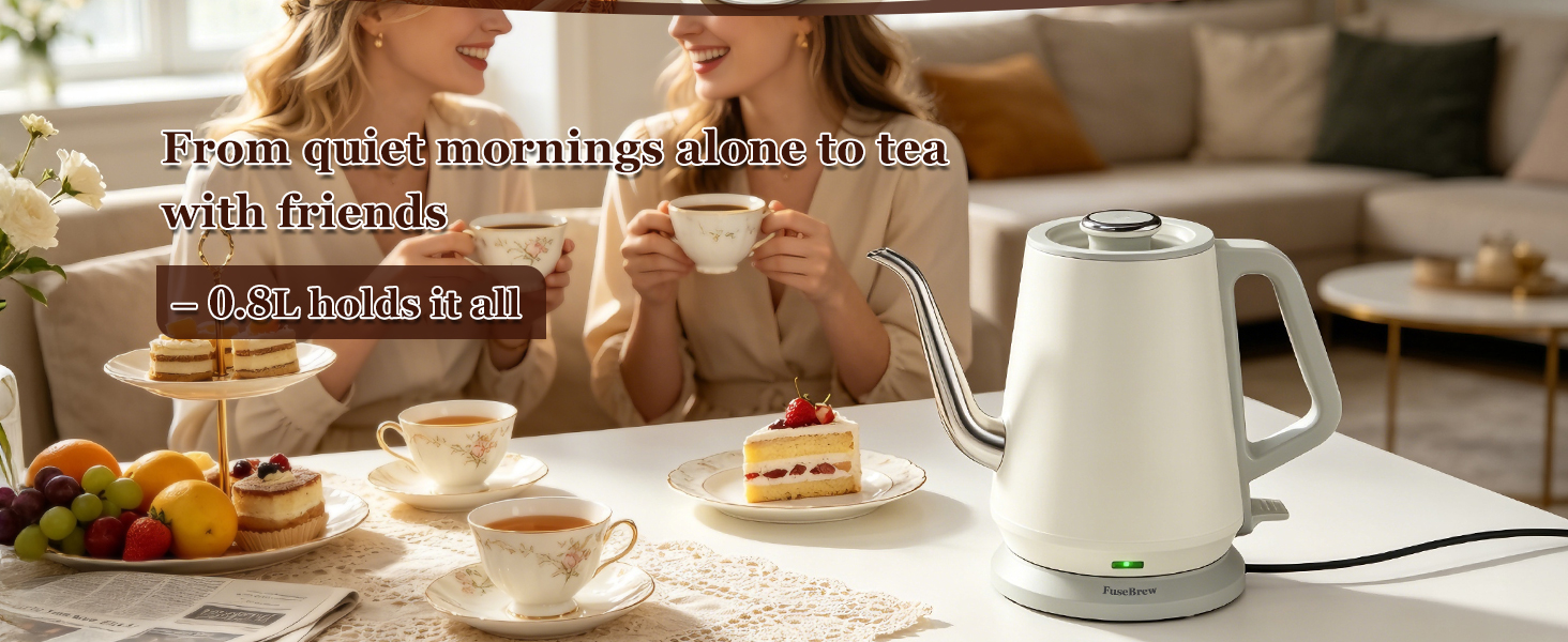 Friends enjoying Sunday brunch around table with hot drinks from aesthetic white electric kettle