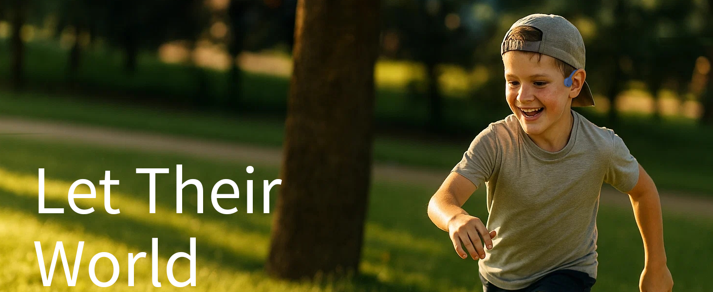 Boy running outdoors wearing open-ear kids Bluetooth headphones; safe, aware, hands-free.