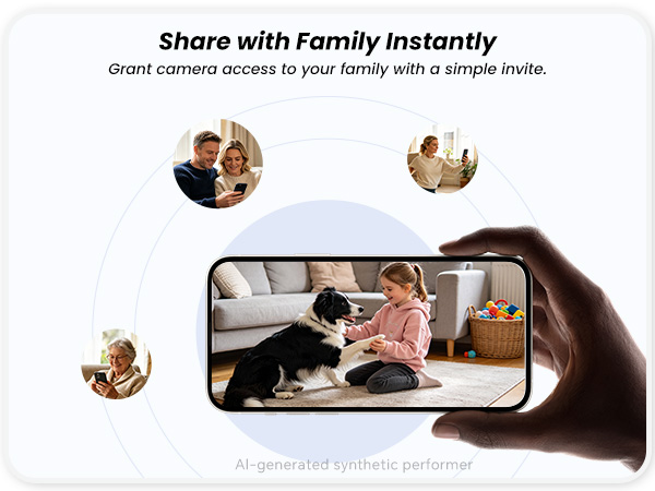 smartphone displaying live view of a girl and a dog, with slogan &amp;#34;share with family instantly&amp;#34;&amp;#34;