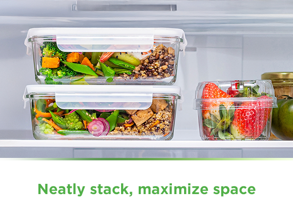 Glass containers stacked inside the refrigerator