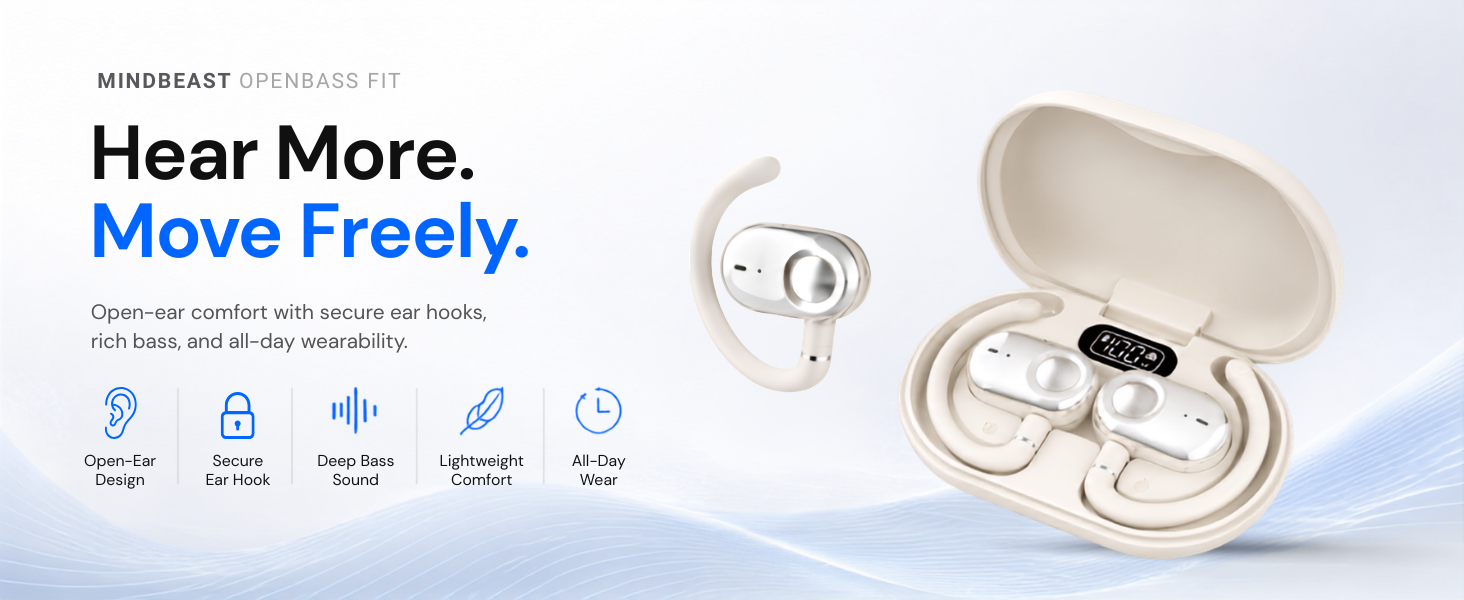 MINDBEAST OpenBass Fit open-ear earbuds with charging case