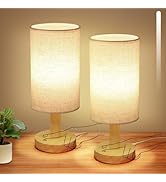 Small Cordless Touch Table Lamps Set of 2 with Stepless Dimming, Natural Wood Base &amp; Linen Fabric...