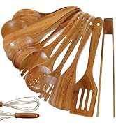 Unokit Cooking Utensils Set for Kitchen - 12 Piece Nonstick Natural Teak Wooden Spoons for Cookin...