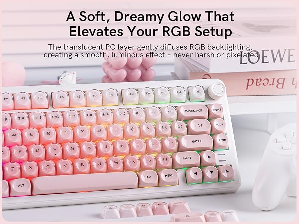 translucent top keycaps, displaying soft, dreamy RGB backlighting