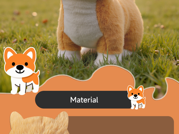 Text reads: 'Material'. Orange cartoon Shiba Inu dog illustrations appear in corners of a product photo showing plush toy on grass background.