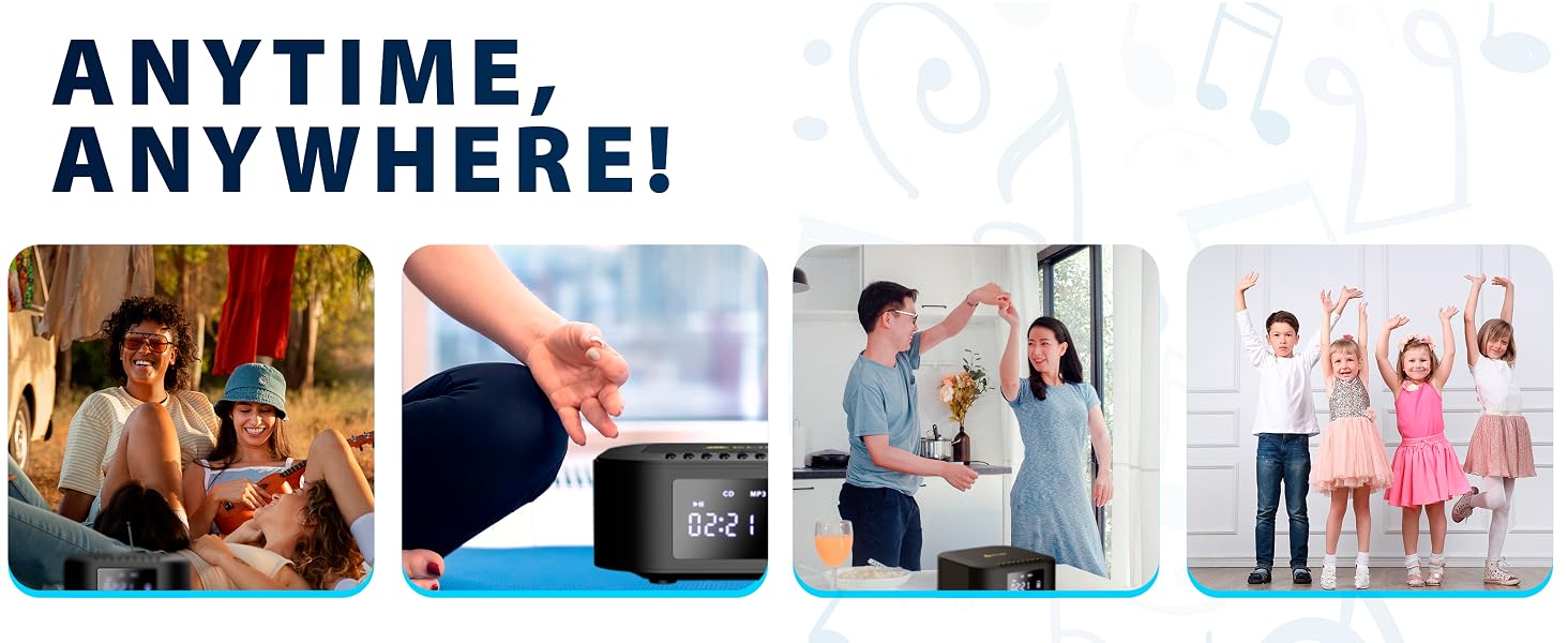 Text reads 'ANYTIME, ANYWHERE!' Collection of lifestyle photos showing people using products in different settings.