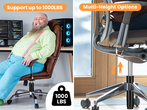 Split image showing desk weight capacity test with 1000 LBS label and height adjustment