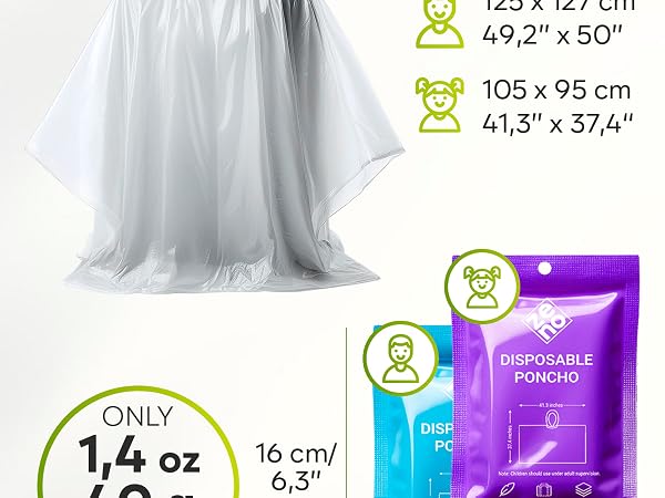 Disposable poncho product image showing size specifications: 125x127 cm and 105x95 cm. Package weighs 1.4 oz and measures 16 cm. Purple and blue packaged versions visible.