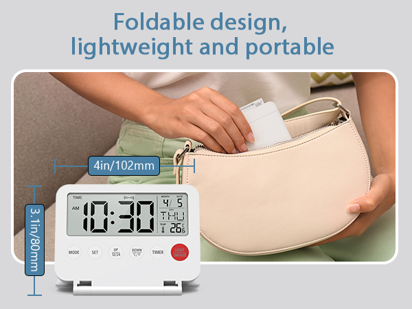 Digital Travel Alarm Clock, Large LCD Display Small Alarm Clock with Temperature, 12/24H, Desk Clock