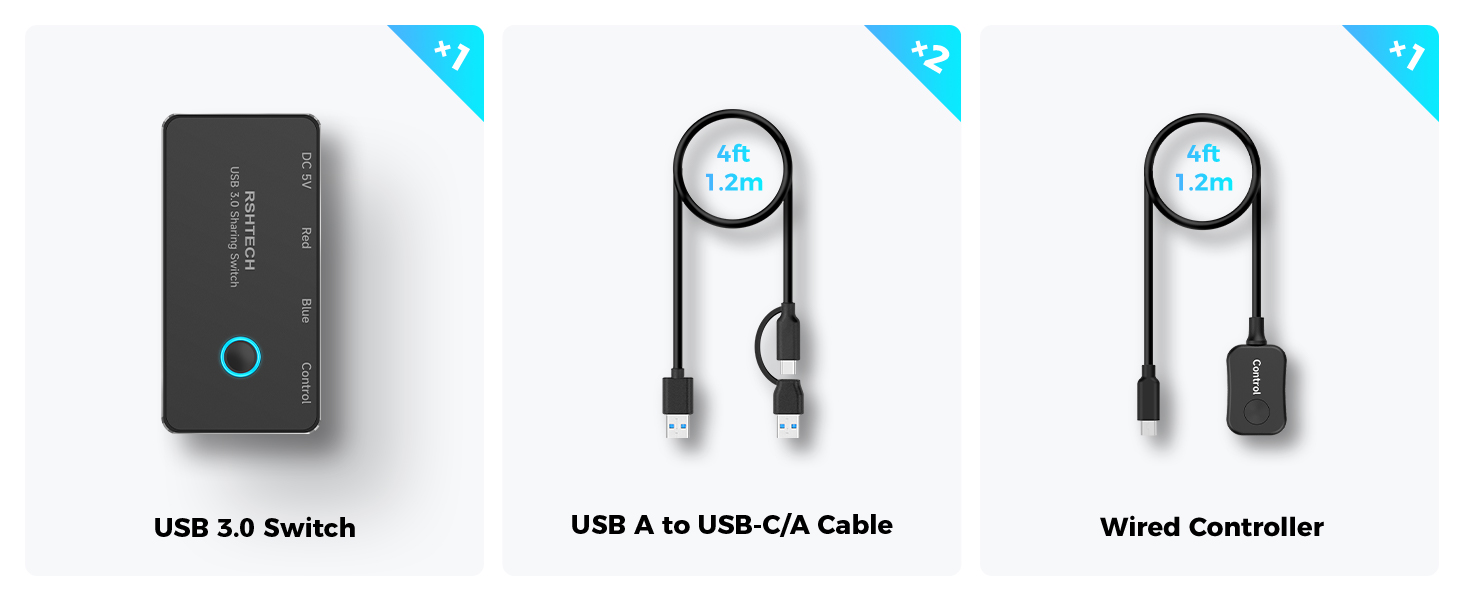 USB C 3.0 Switch with 2 USB-C/USB-A cables