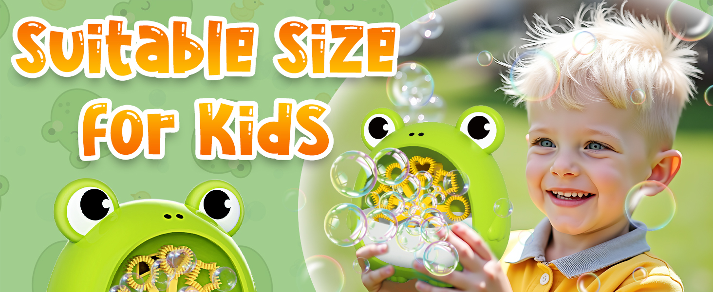 Green frog-shaped bubble machine with colorful internal components, producing bubbles. Text reads 'Suitable Size for Kids'.