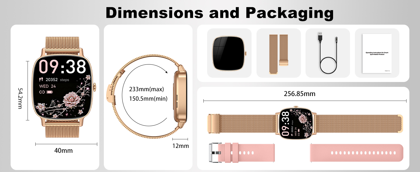 Text reads 'Dimensions and Packaging'. Product mockup showing a smartwatch and band with rose gold finish, displayed with packaging elements and dimensional specifications.