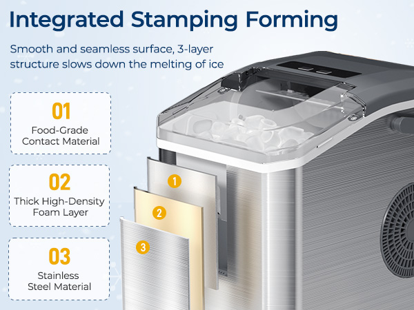 Countertop Ice Machine adopts one-piece stamping process, Smooth metal surface