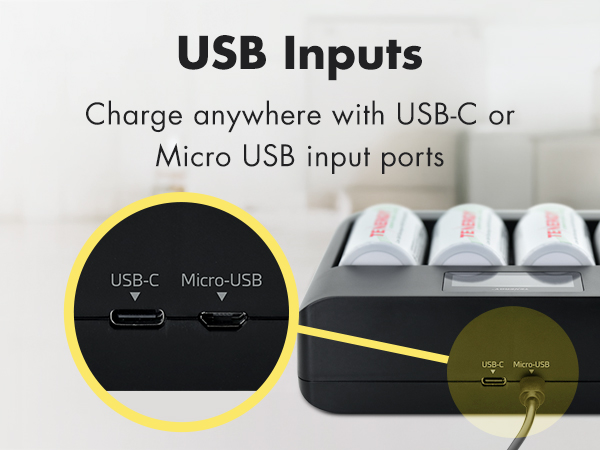 USB inputs charge anywhere with USB-C or micro-usb input ports