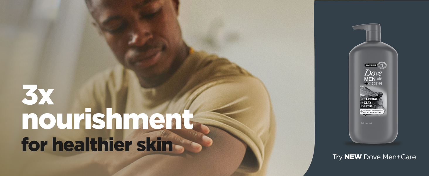 Headline talking about 3x nourishment for healthier skin, next to the product &amp; a man applying it.