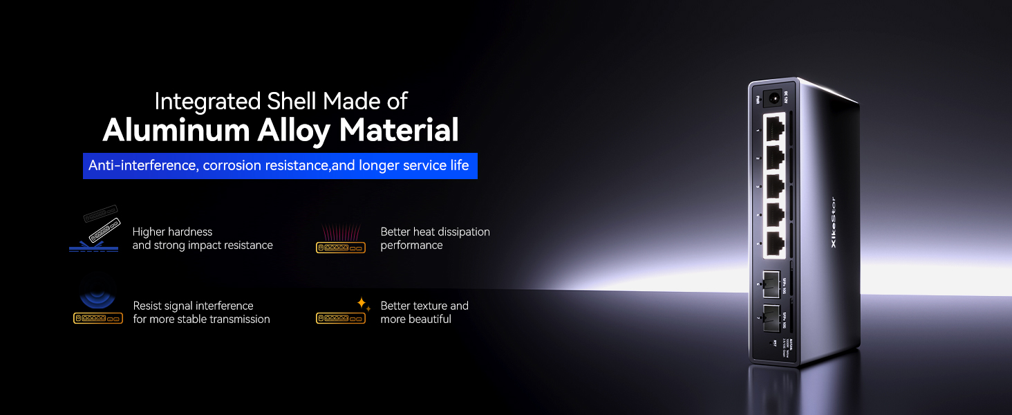 Text reads 'Integrated Shell Made of Aluminum Alloy Material'. Product showcase featuring metallic device housing with emphasis on material construction.