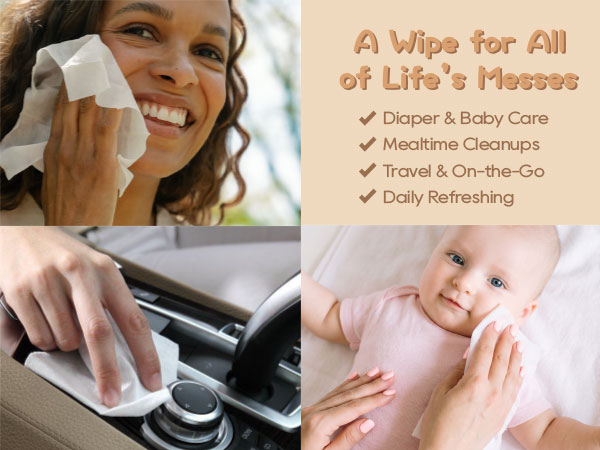 All-purpose bamboo baby wipes for travel, diaper changes, and mealtime cleanups on-the-go.