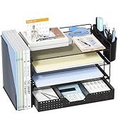 ECOLOVI Desk Organizer, 4-Tier Paper Organizer Letter Tray with File Holder, Drawer and 2 Pen Hol...