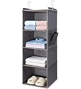 BOOMIBOO Hanging Closet Organizer and Shelves, 4 Shelves with 1 Side Pockets, Foldable, Grey Fabr...