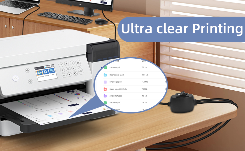 Desktop printer on wooden surface demonstrating ultra-clear printing capability, with printed documents and settings menu display shown.