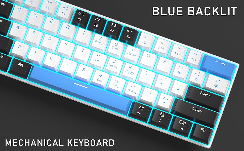 portable 60% mechanical brown switch gaming keyboard with blue backlit