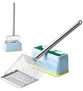 Metal Cat Litter Scoop with Holder, Stainless Steel 16.7" Kitten Poop Scooper 2-in-1 Heavy Duty P...
