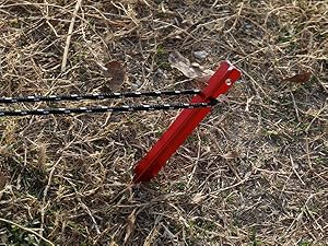Red metal tent stake or peg inserted into dry ground with grass and twigs. Connected to a thin black cord or wire.
