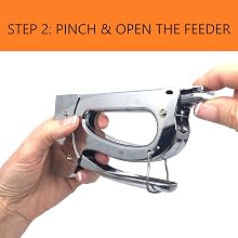 the feeder or pusher opens easily and slides to accommodate the strip of fasteners