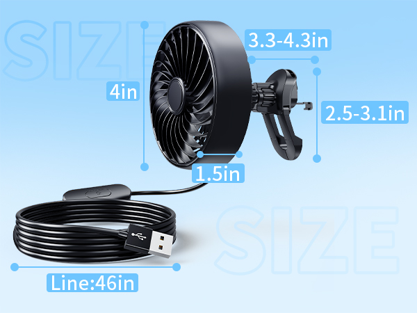 the size of xuenair can fan usb for ac air vent, compatible for car sedan suv pickup truck rv van