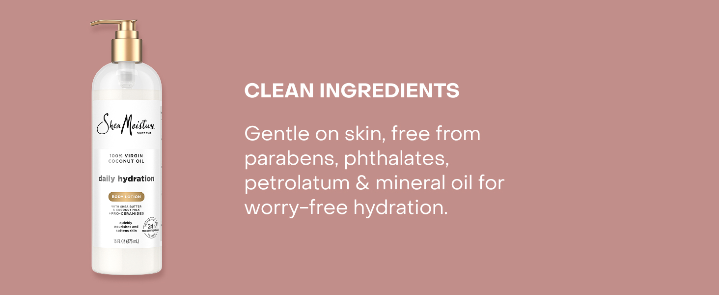 Image of SheaMoisture Body Lotion next to text about clean ingredients.