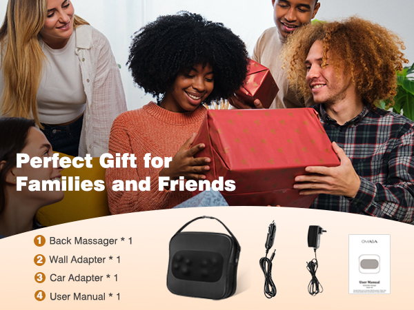 Product bundle showing a black massager device with accessories including wall adapter, car adapter, and carrying case displayed against a white background.