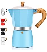 Light blue stovetop espresso maker with wooden handle and knob. Silver base, octagonal design. Side panel shows same model in red, black, silver, and white colors.