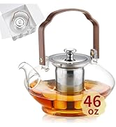 UNBREAKABLE-46oz Glass Teapot with Stainless Steel Infuser and Lid, Heat-Resistant Borosilicate G...