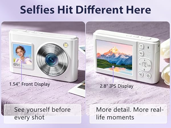 Dual screen vlogging camera with front screen for selfies, group photos, and casual videos.