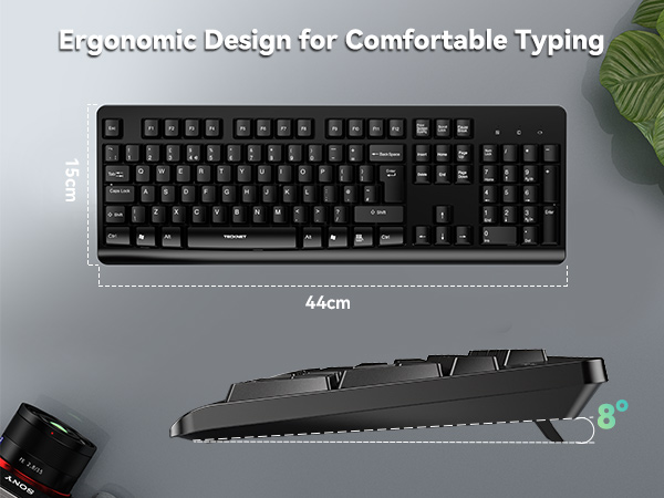 Black ergonomic keyboard with full-size layout, including numeric keypad. Dimensions shown as 44cm wide with 8-degree tilt for comfortable typing.