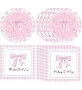 DURYGEN 40pcs Pink Bow Party Supplies Bow Birthday Party Plates and Napkins Pink Bow Party Decora...