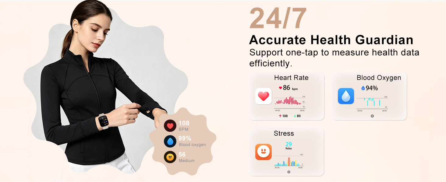 Text reads '24/7 Accurate Health Guardian' and 'Support one-tap to measure health data.' Woman in black shirt demonstrating wearable device on wrist with circular health monitoring interface icons displayed.