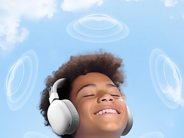 White over-ear headphones shown against a blue sky background with circular sound wave illustrations.