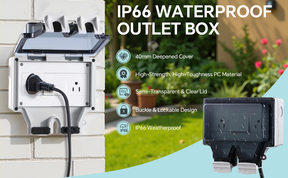 outdoor outlet; outdoor outlet box; outdoor electrical outlet; outdoor plug; outdoor power outlet