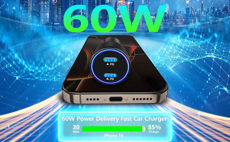 MFi Certified 60W Dual PD USB-C Car Poewr Cigarette Lighter Type-C Car Carplay Fast Charger Adapter