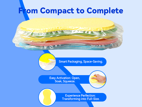 Easily expand the vacuum packaging into a full-size sponge.