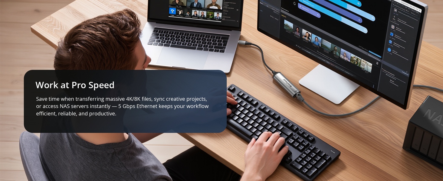 A Man Is Editing and Transferring Files via NAS Using the USB-C to Ethernet Adapter