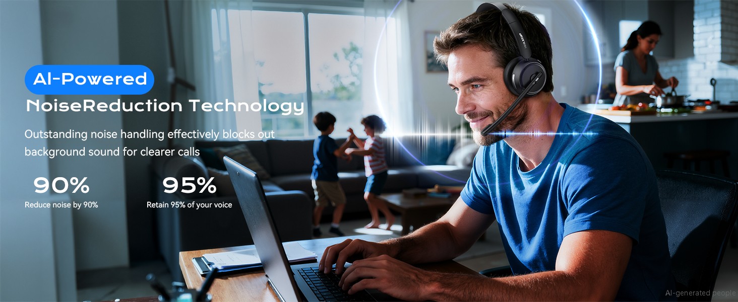 wireless headset with mic filters background chatter and office noise