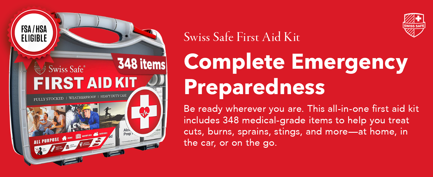 Complete home first aid kit and car first aid kit with 348 pieces for all emergency situations