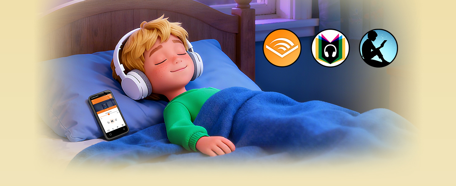 A sleeping boy with headphones listens to music on a smartphone in a cozy bedroom.