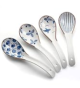 IQCWOOD Ceramic Asian Soup Spoons, Blue and White Japanese Spoon for Soup Rice Ramen Pho Wonton D...