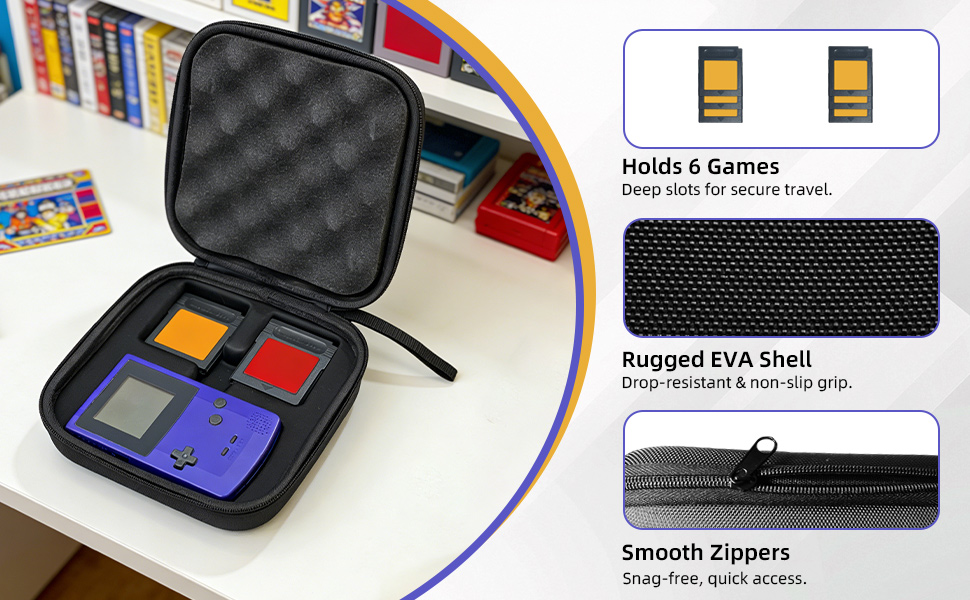 Impact-resistant EVA shell, smooth zippers, and 6 game cartridge slots for secure storage.