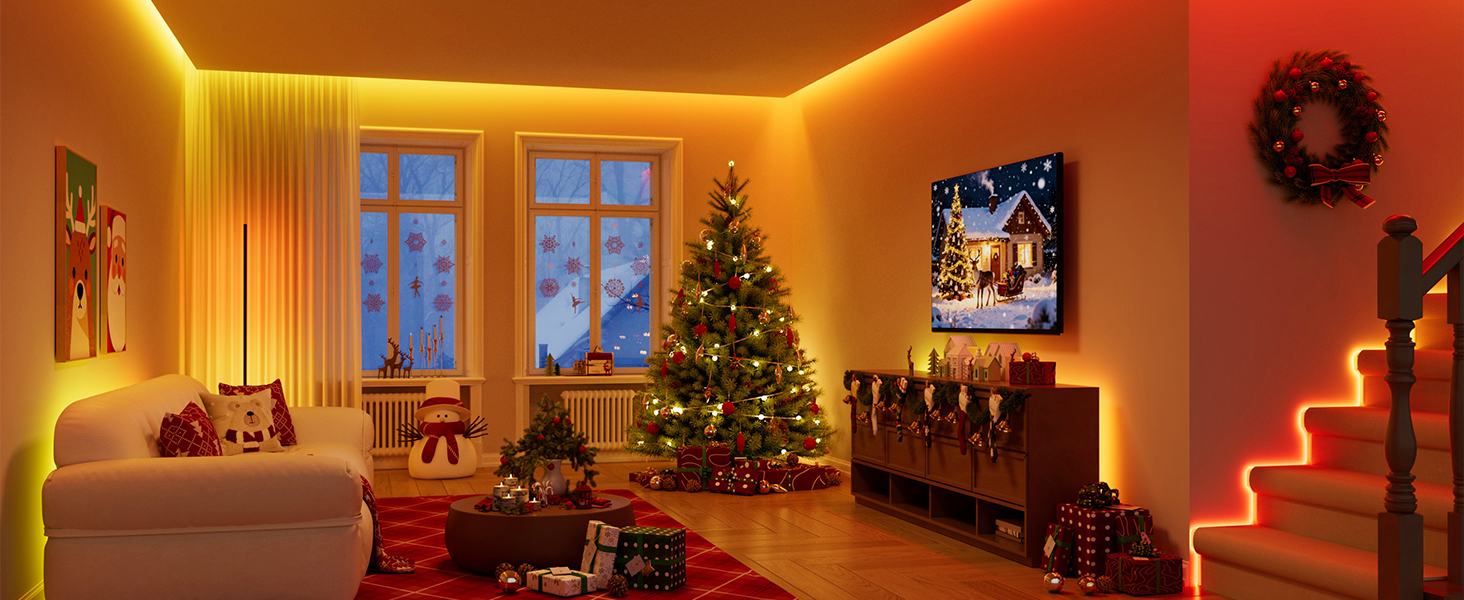 Warm-toned interior scenes showing decorated Christmas trees and holiday lighting in living spaces. Multiple connected rooms with golden ambient lighting.