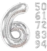 Silver 6 Balloon, Number Balloons 40 Inch, 6th Balloons for Birthday Decorations, Silver and Blac...